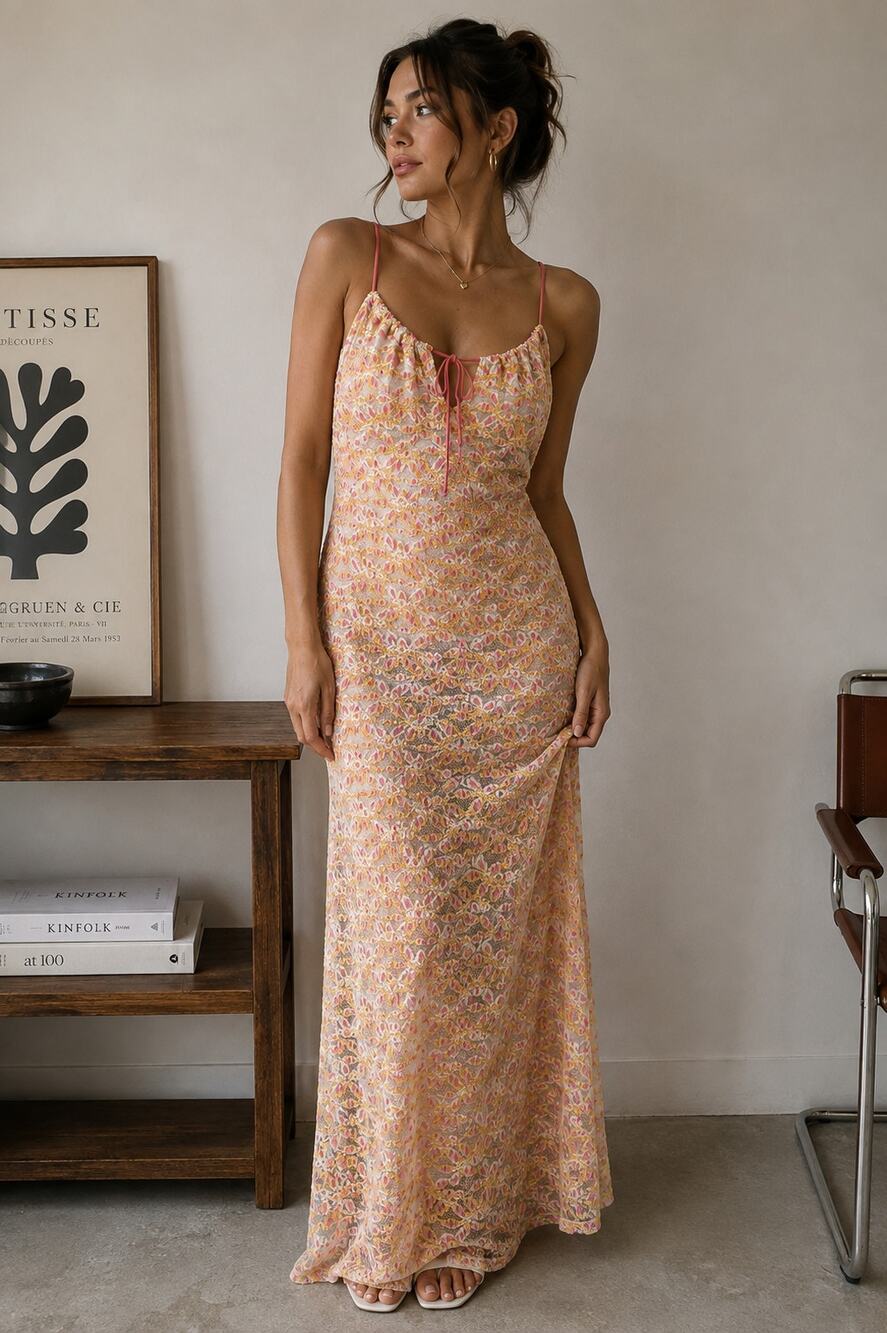 Vintage Diamond’s Lace Maxi Dress Pink Yellow Y2K Fairy Grunge Tagged Large